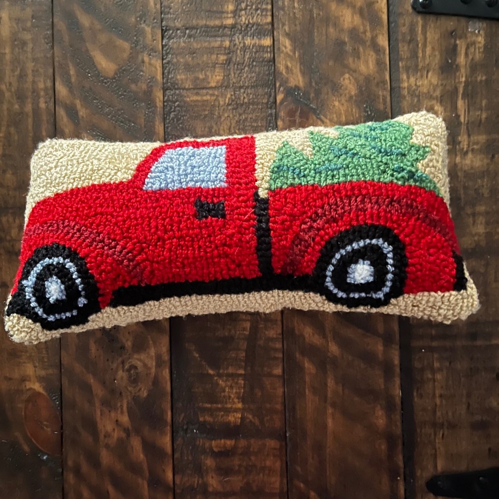 Christmas Red Truck Hooked Wool Lumbar Pillow Holiday Decor‎ Farmhouse Accent
